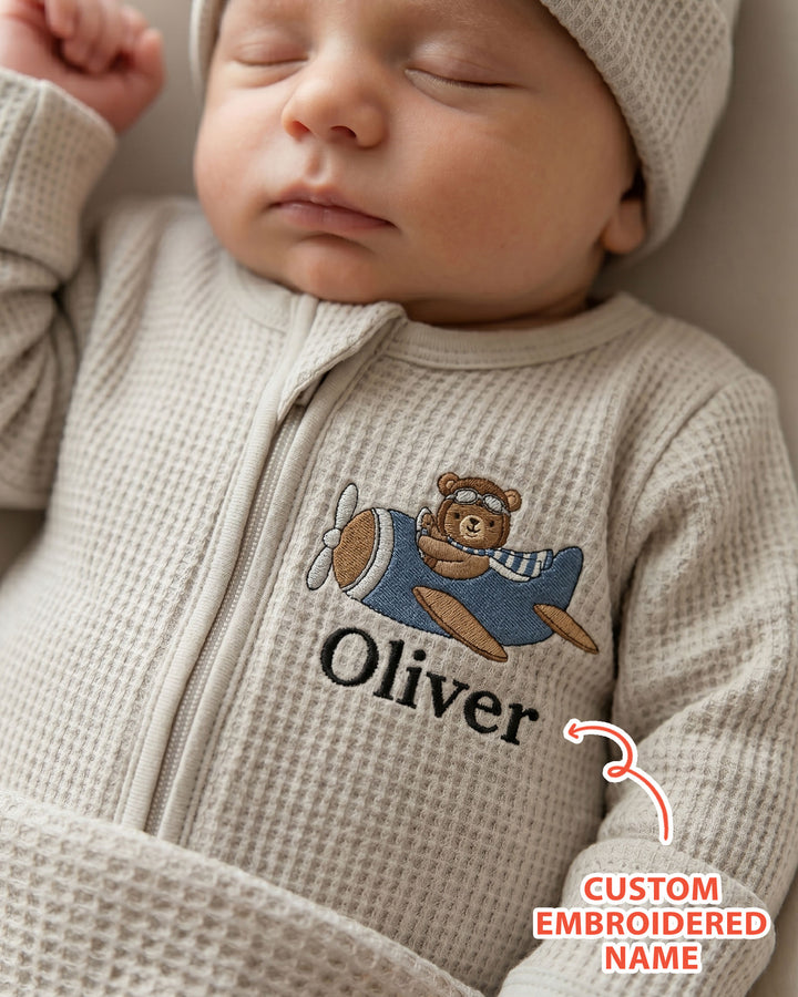 Personalized Pilot Bear Embroidered Waffle Bamboo Zipper Footie