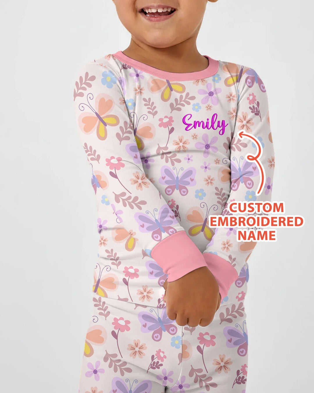 Custom Embroidered Name Butterfly Bamboo Two Piece Long Sleeve Pajama Set