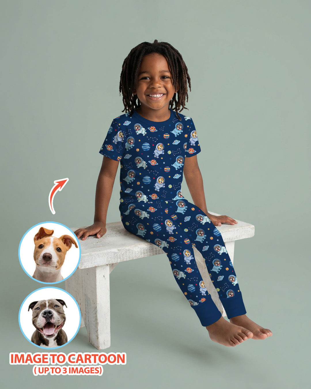 Astronaut Custom Pet Image Family Matching Bamboo Two Piece Short Sleeve Pajama Set