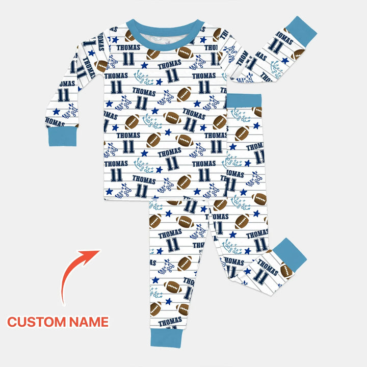 Custom Name Football Time Bamboo Two Piece Long Sleeve Pajama Set