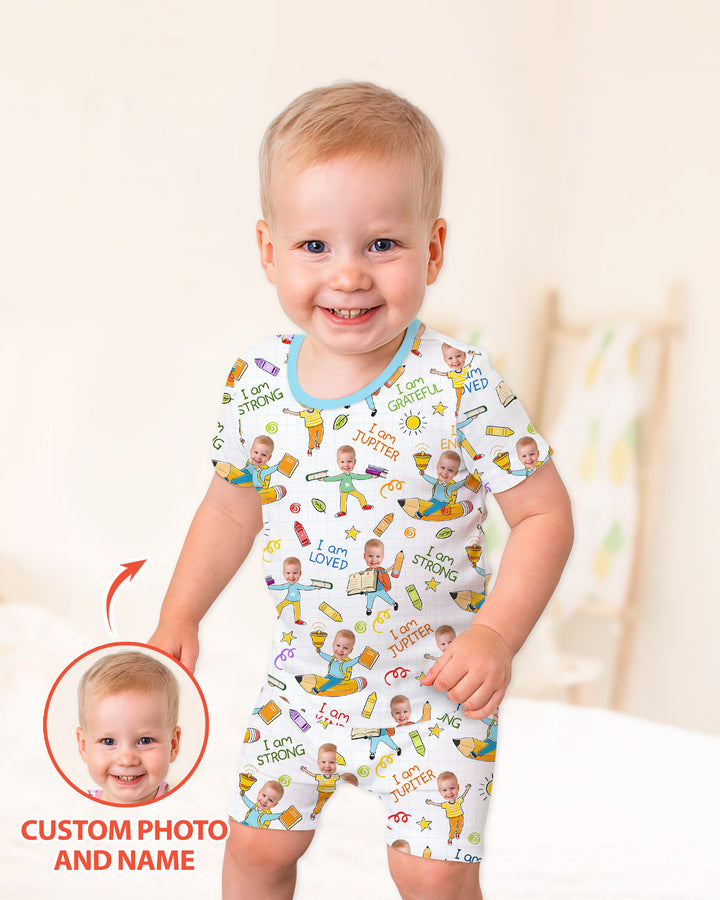 Custom Photo Kid Affirmations I Am Kind Bamboo Two Piece Short Sleeve Shorts Pajama Set