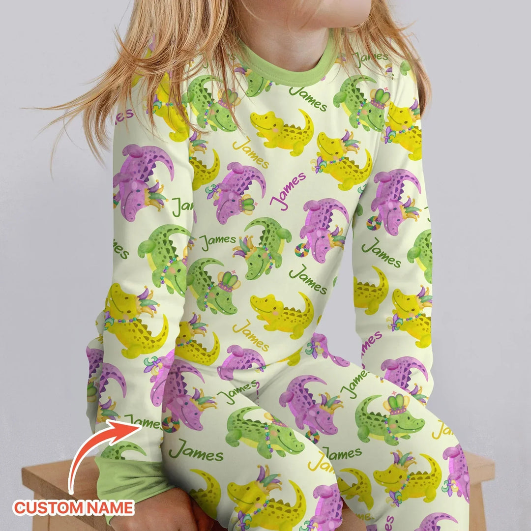 Custom Name Mardi Gras Alligator Bamboo Two Piece Long Sleeve Pajama Set
