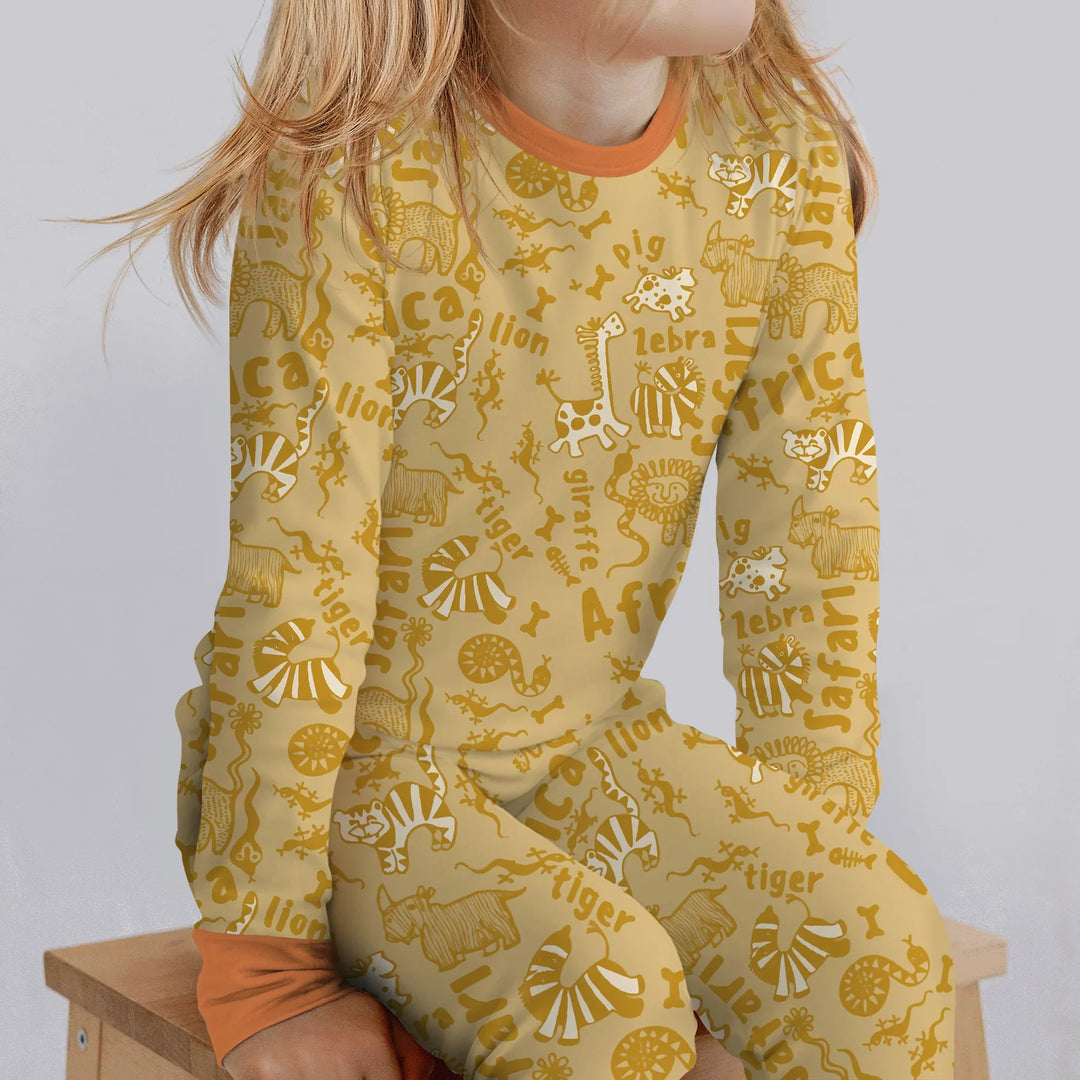 Handdrawn African Animals Bamboo Two Piece Long Sleeve Pajama Set