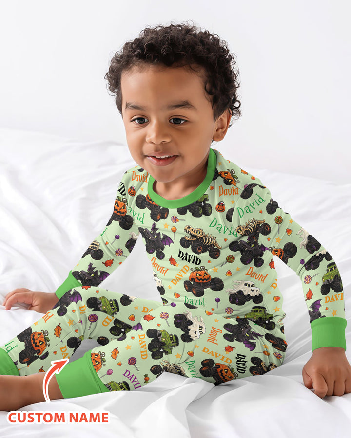 Spooky Monster Truck Custom Name Bamboo Two Piece Long Sleeve Pajama Set
