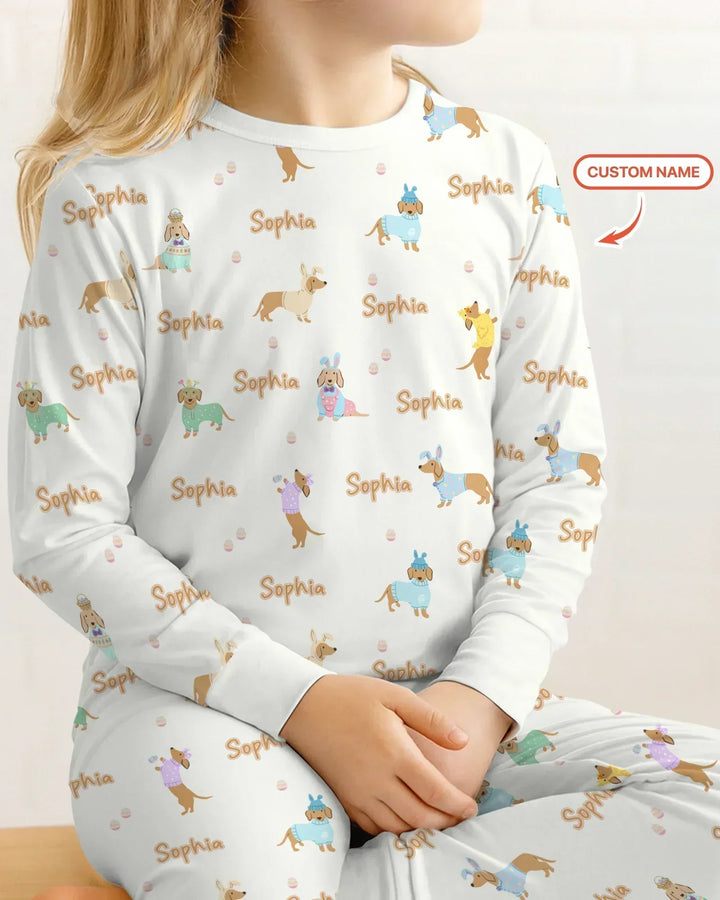 Custom Name Easter Dachshund Bamboo Two Piece Long Sleeve Pajama Set