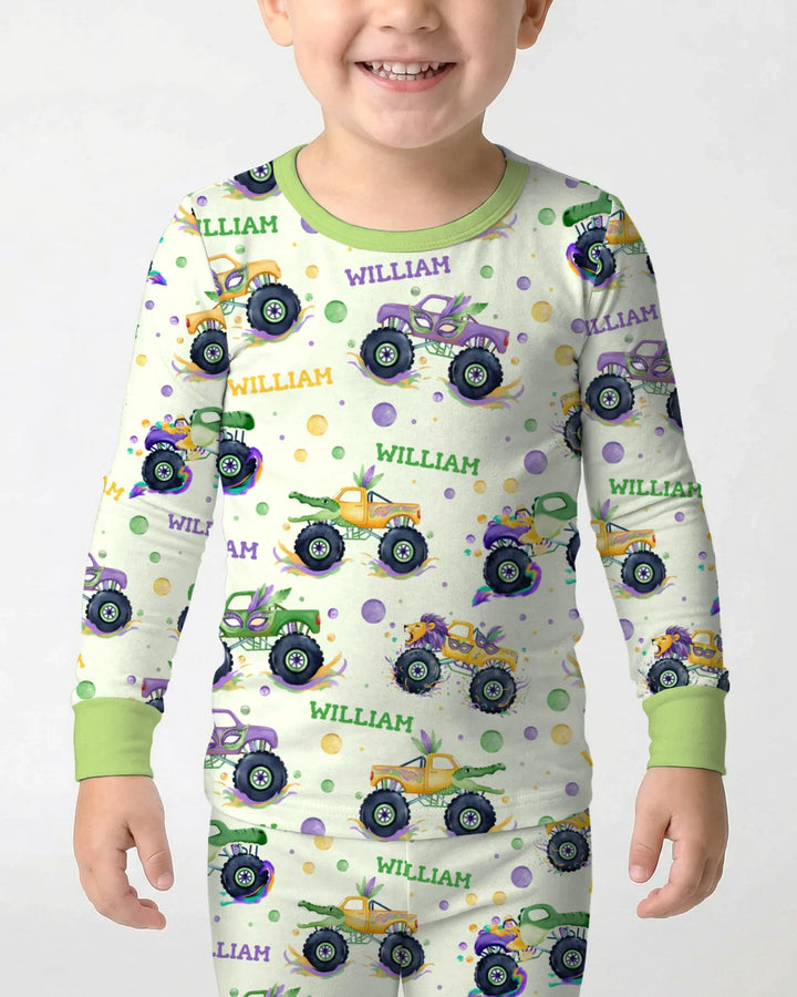 Custom Name Mardi Gras Monster Trucks Bamboo Two Piece Long Sleeve Pajama Set