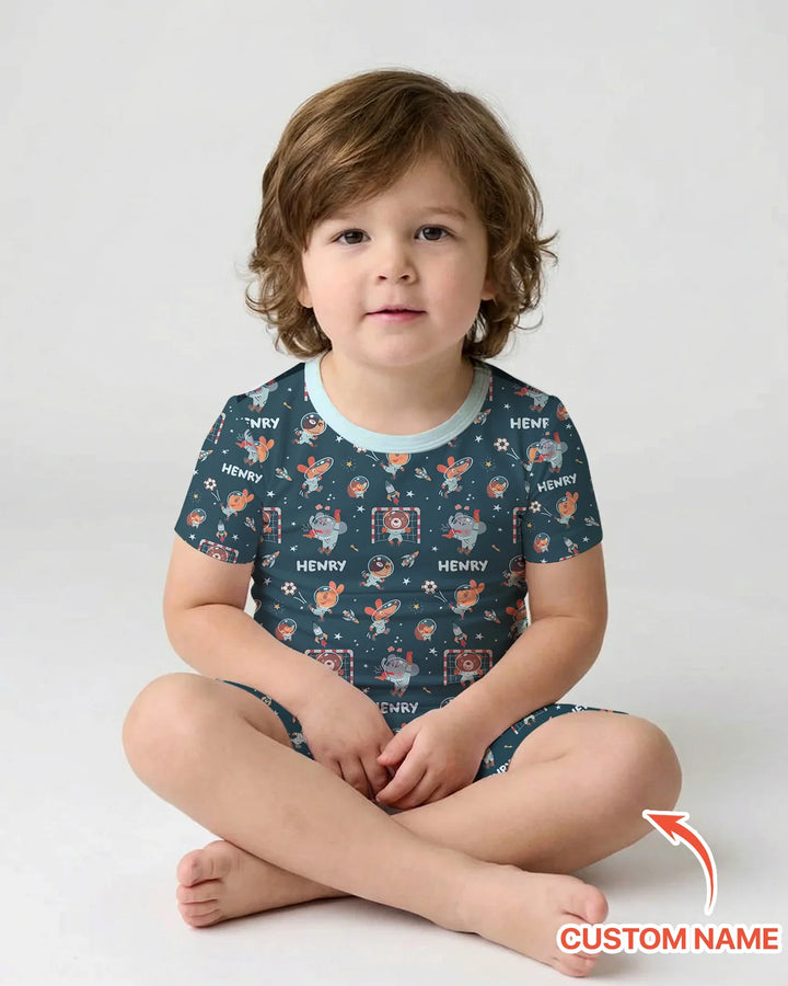 Space Soccer Bamboo Two Piece Short Sleeve Shorts Pajama Set