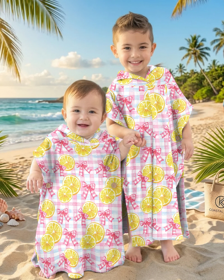 Pink Lemons Bows Checkered Bamboo Swim Poncho