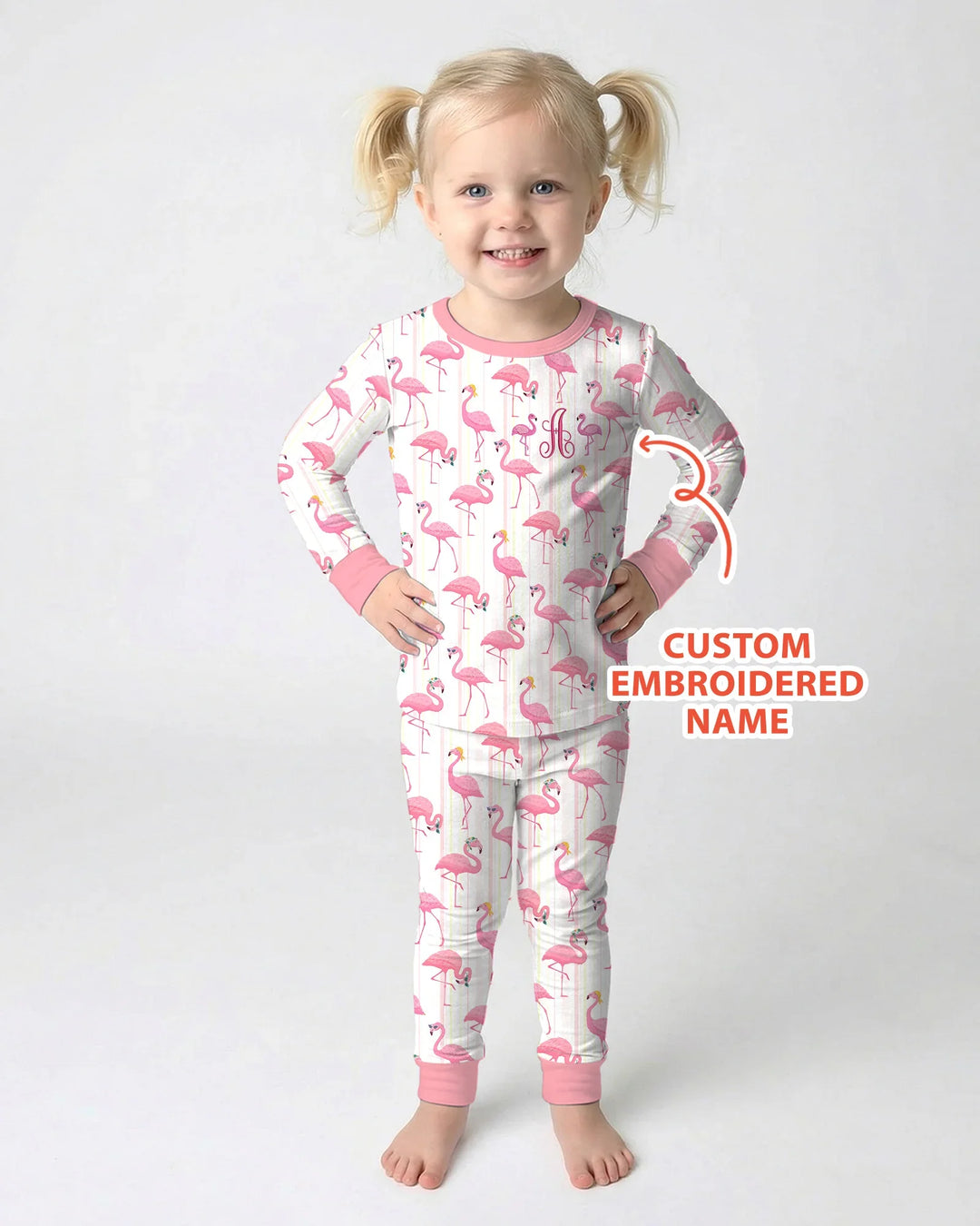 Custom Name Embroidered Flamingo Bamboo Two Piece Long Sleeve Pajama Set