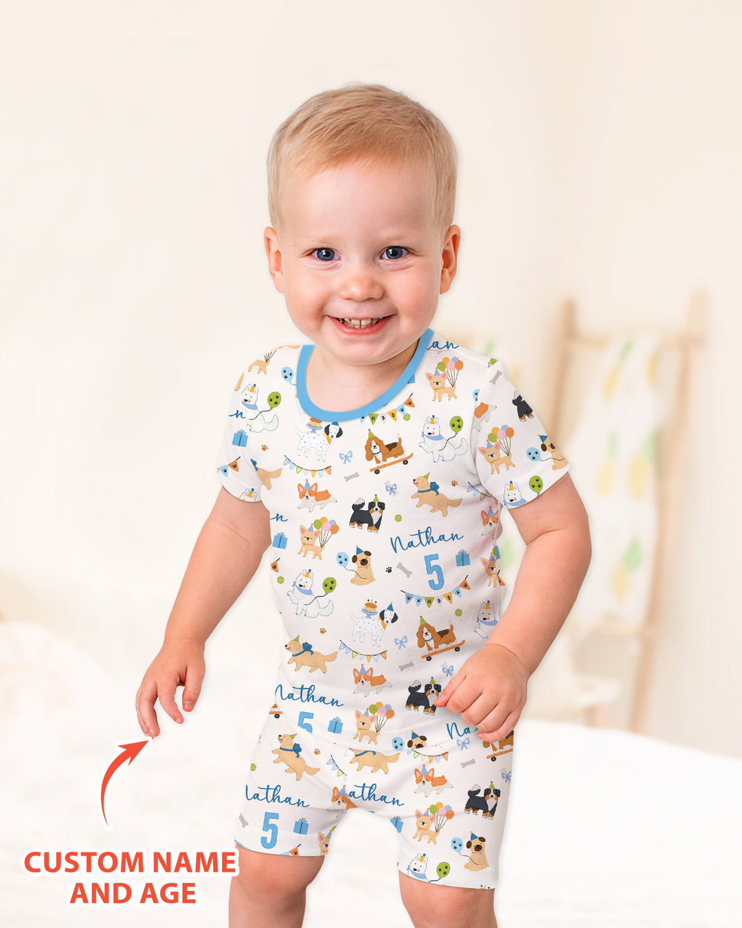Custom Name Birthday Dogs Party Bamboo Two Piece Short Sleeve Shorts Pajama Set