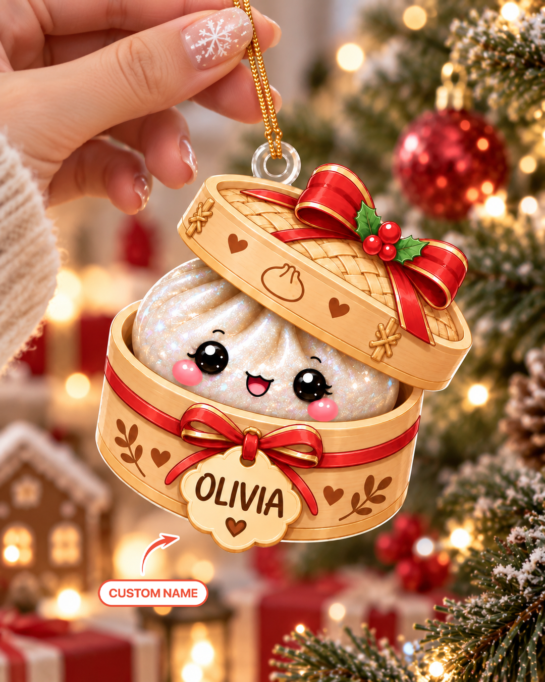 Custom Name Glitter Dumpling Christmas Acrylic Ornament