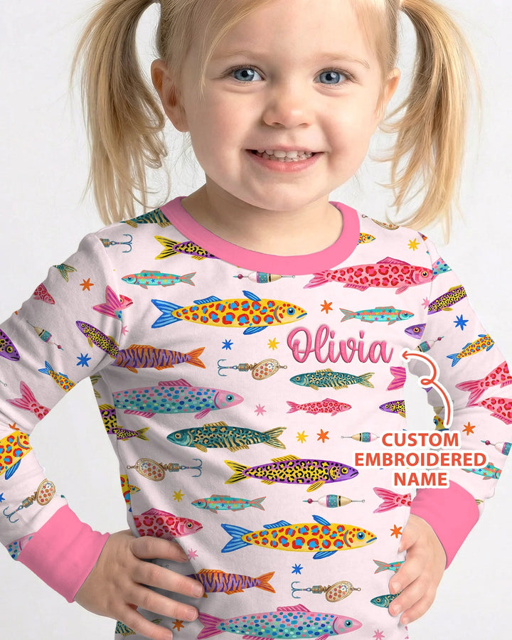 Custom Name Embroidered Colorful Fish Bamboo Two Piece Long Sleeve Pajama Set