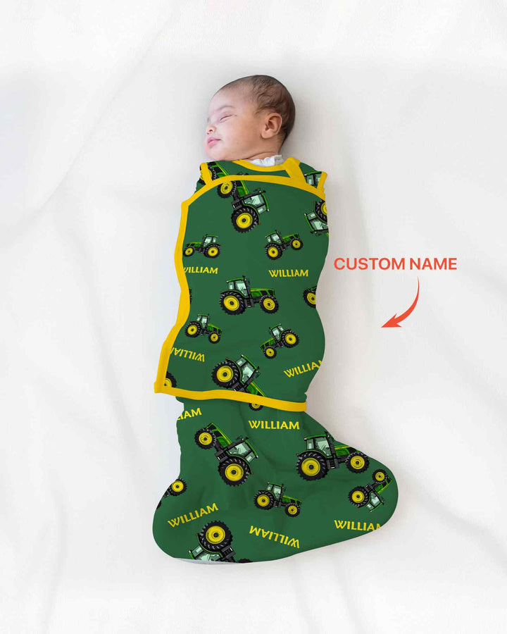 Custom Name Green Tractors Matching Daddy & Me Swaddle Blanket