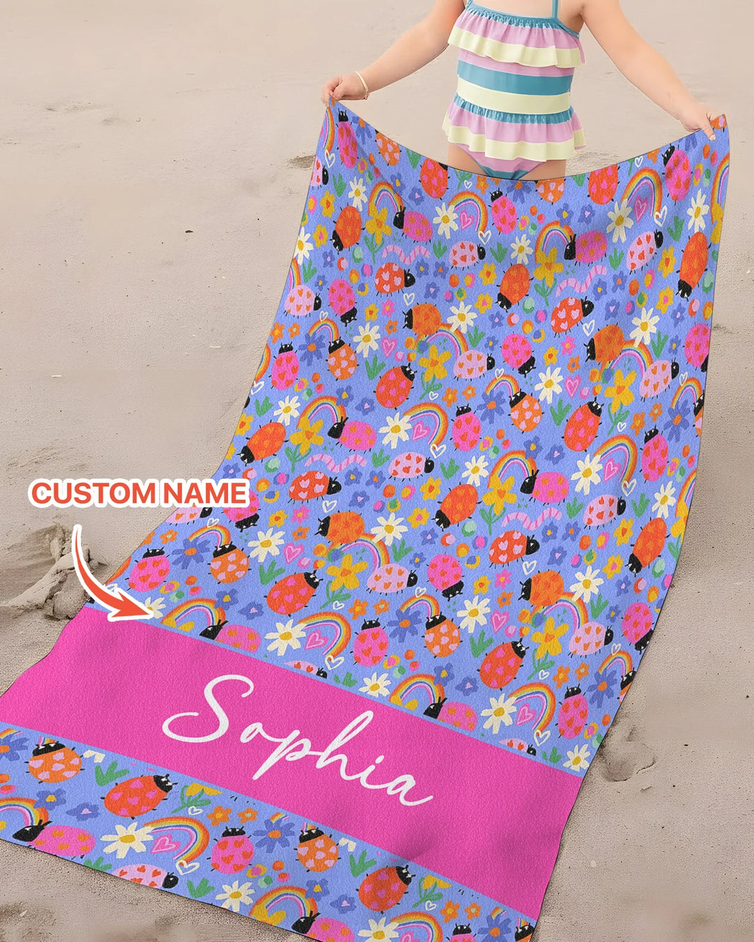 Custom Name Lady Bugs Beach Towel