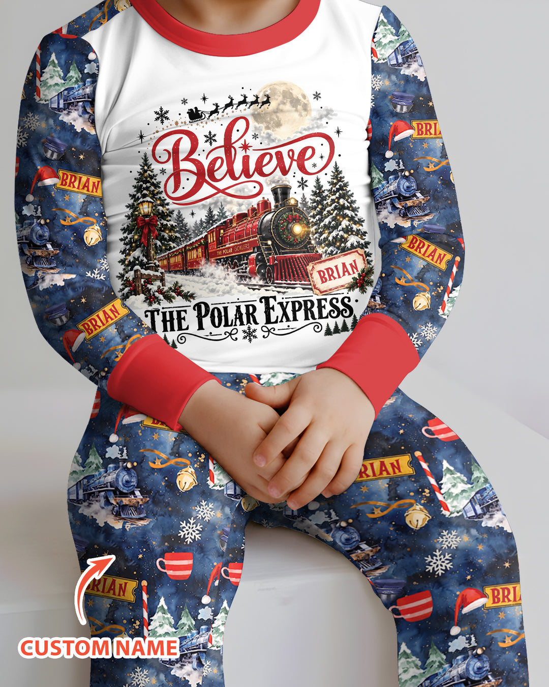 Believe North Pole Train Custom Name  Bamboo Two Piece Long Sleeve Pajama Set