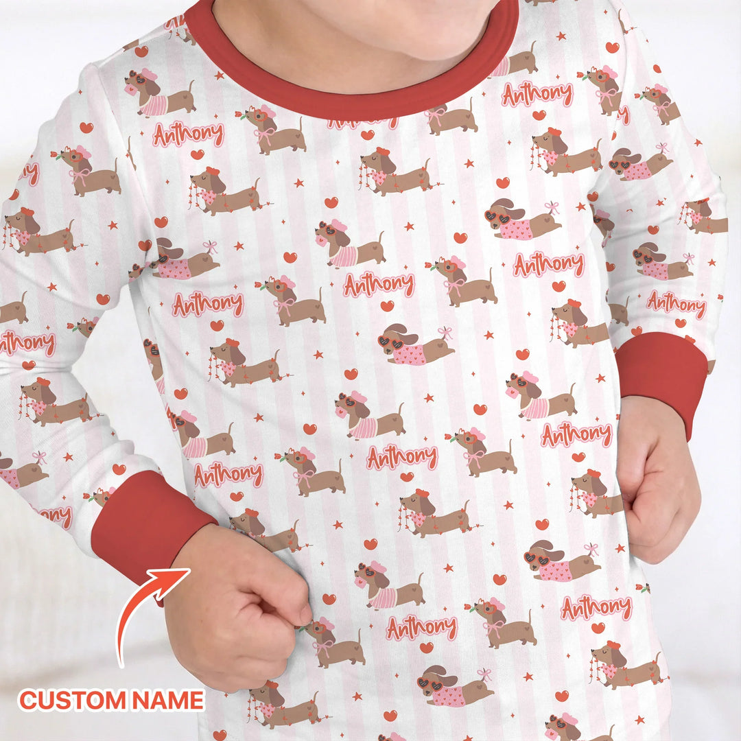 Custom Name Valentine Dachshund Family Matching Bamboo Two Piece Long Sleeve Pajama Set