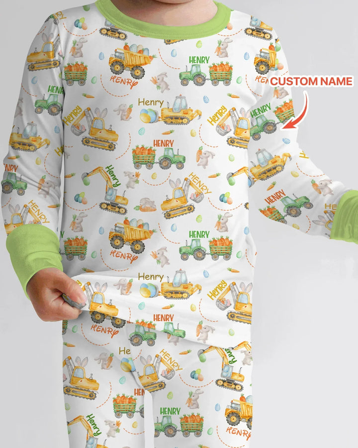 Easter Construction Vehicles Custom Name Bamboo Two Piece Long Sleeve Pajama Set
