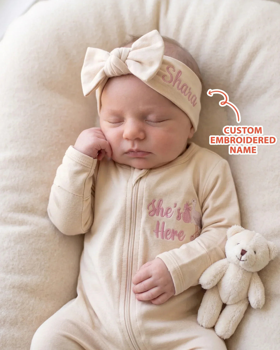 Personalized She's Here Embroidered Bamboo Zipper Footie