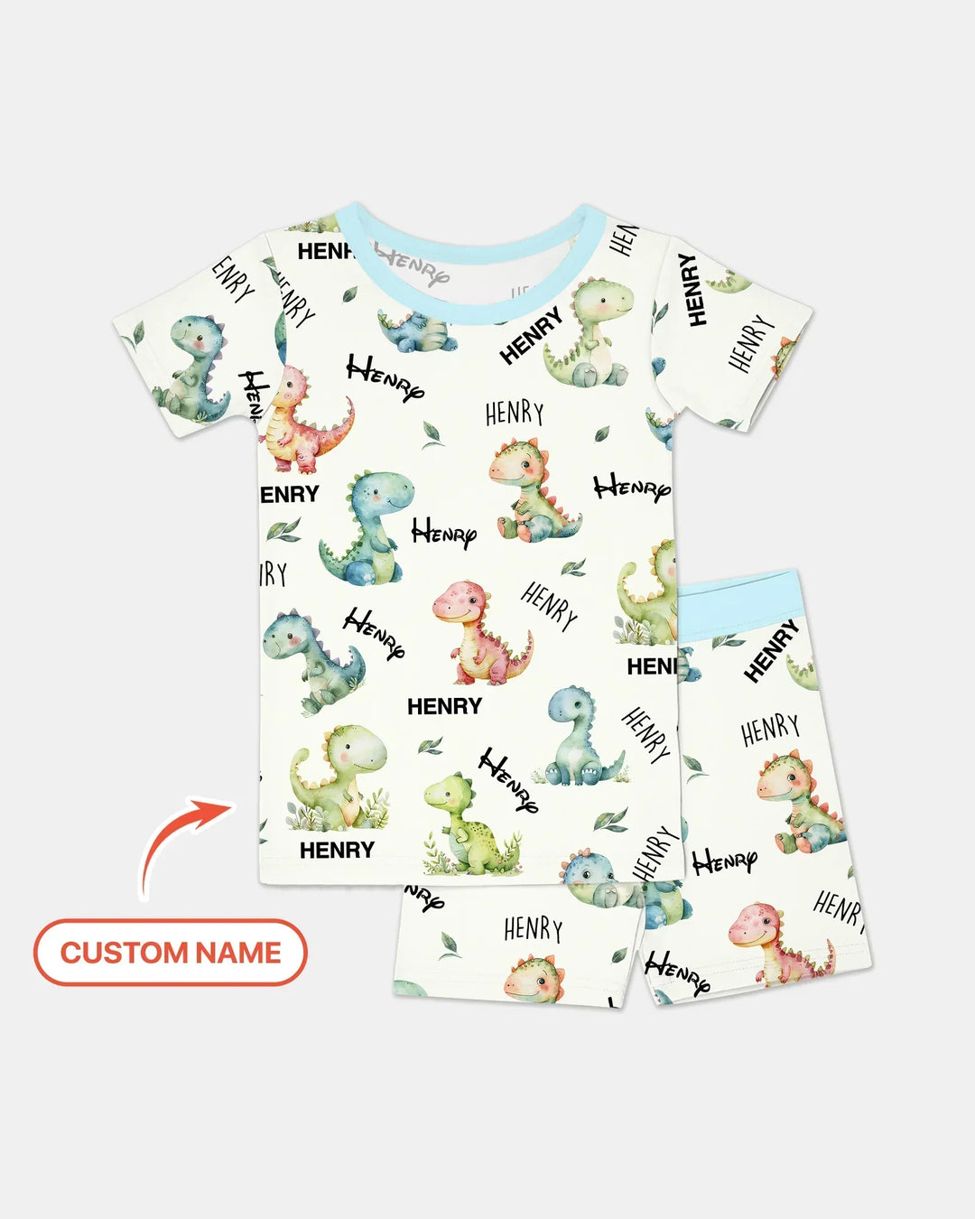 Dinosaur Custom Name Bamboo Two Piece Short Sleeve Shorts Pajama Set