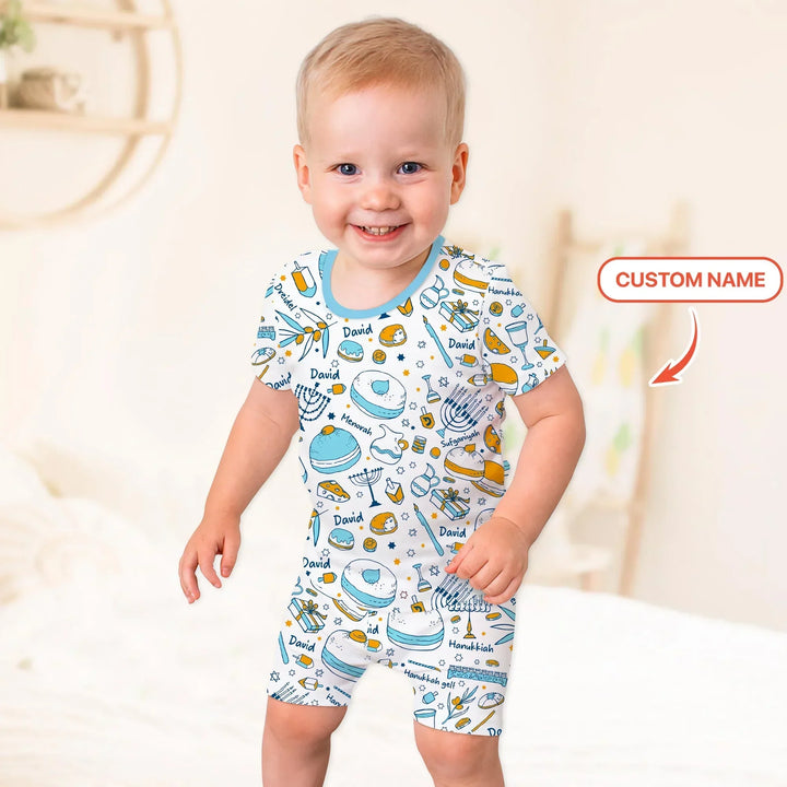 Happy Hanukkah Doodles Custom Name Family Matching Bamboo Two Piece Short Sleeve Shorts Pajama Set