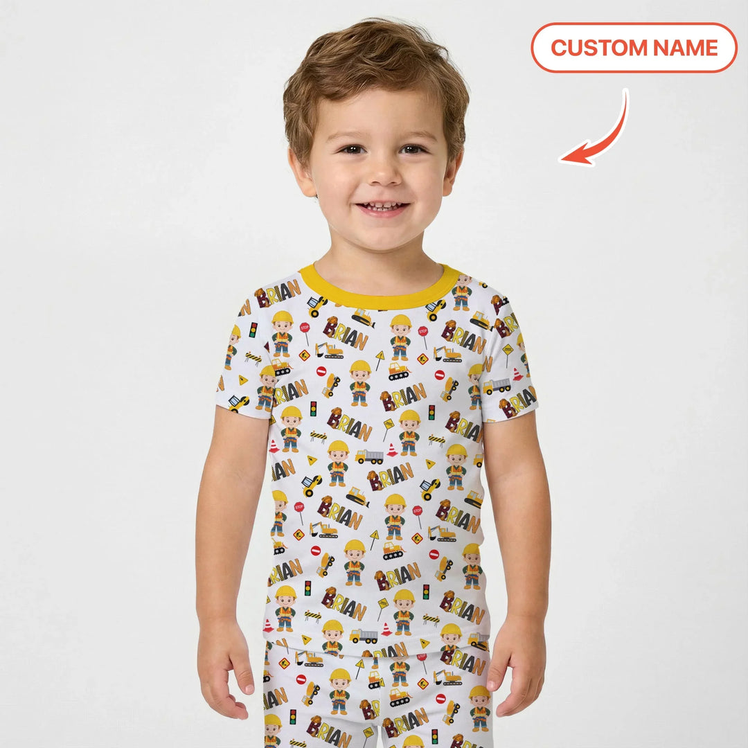 Custom Name Doodle Little Builder Bamboo Two Piece Short Sleeve Pajama Set