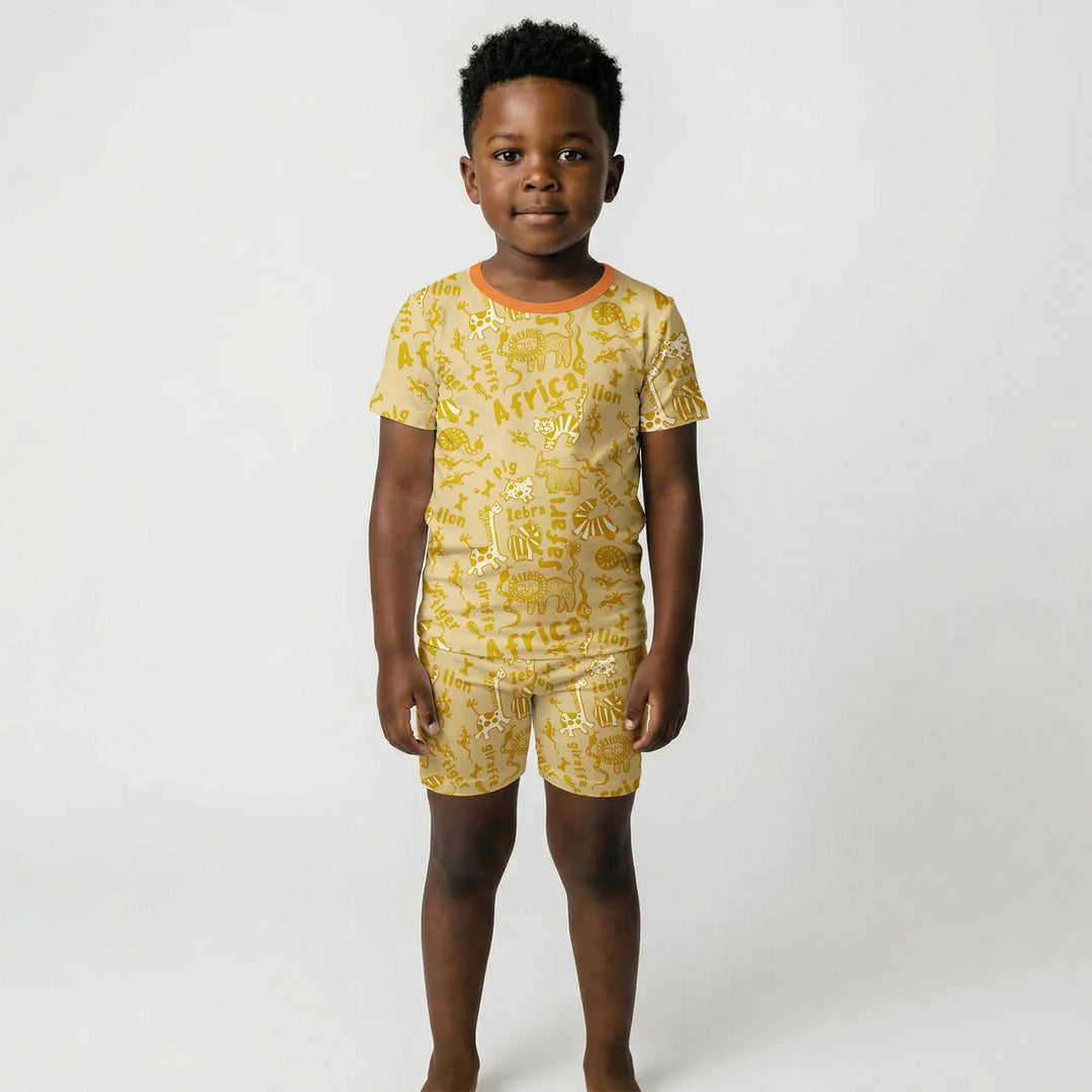 Handdrawn African Animals Bamboo Two Piece Short Sleeve Shorts Pajama Set