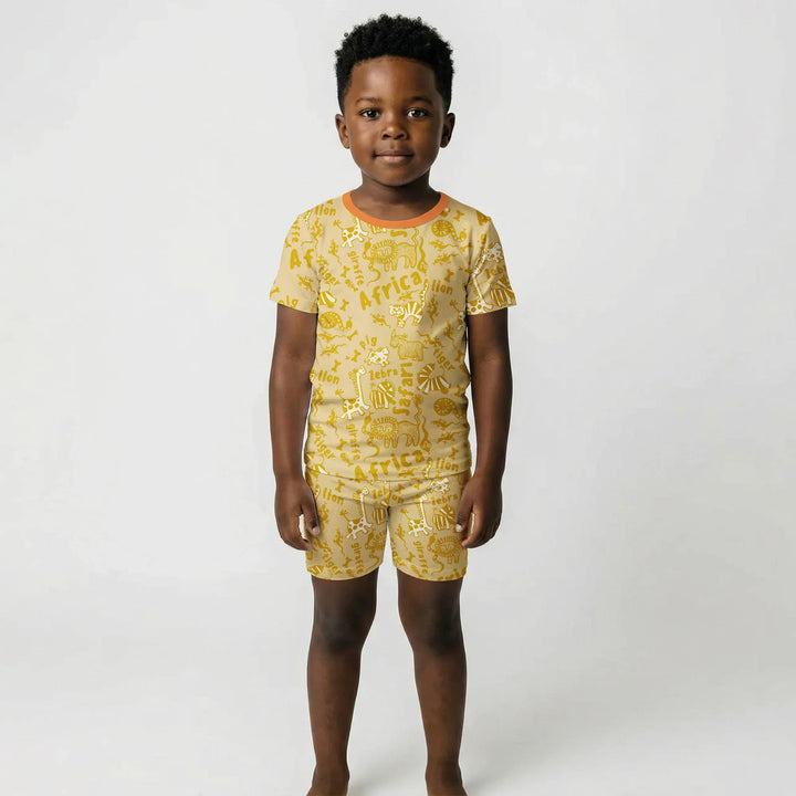 Handdrawn African Animals Bamboo Two Piece Short Sleeve Shorts Pajama Set