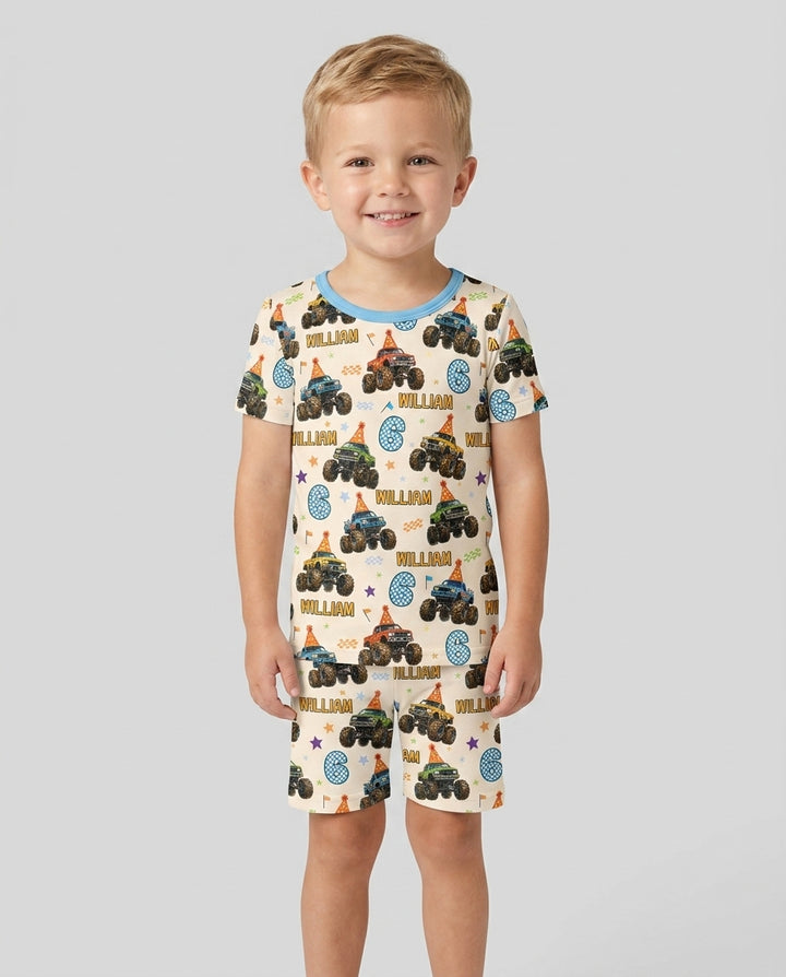 Custom Name Birthday Boy Monster Truck Bamboo Two Piece Short Sleeve Shorts Pajama Set