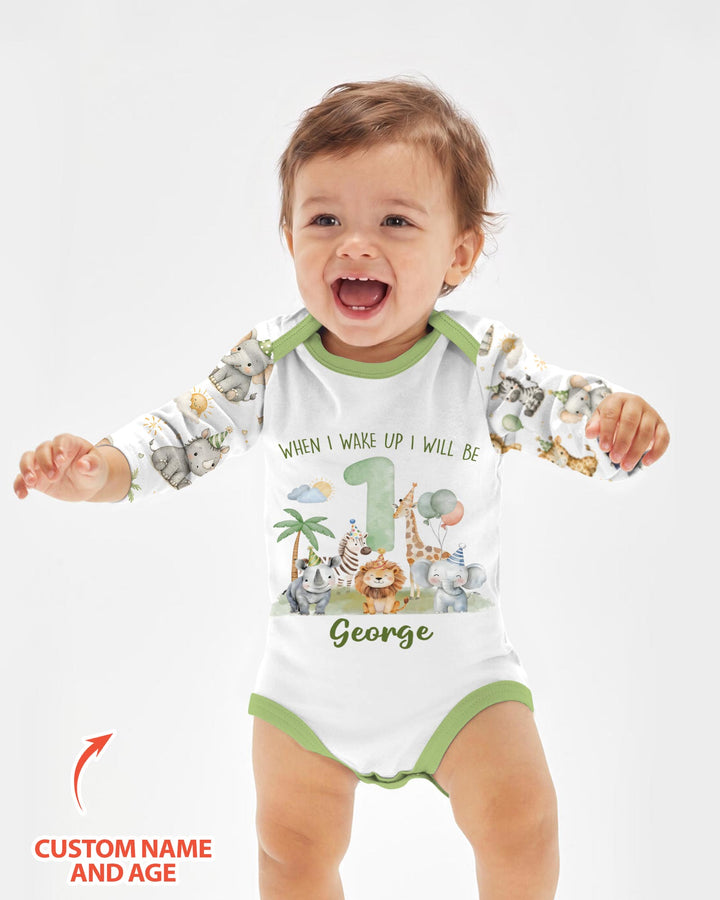 Custom Name Safari Animals When I Wake Up I Will Be Birthday Bamboo Bodysuit