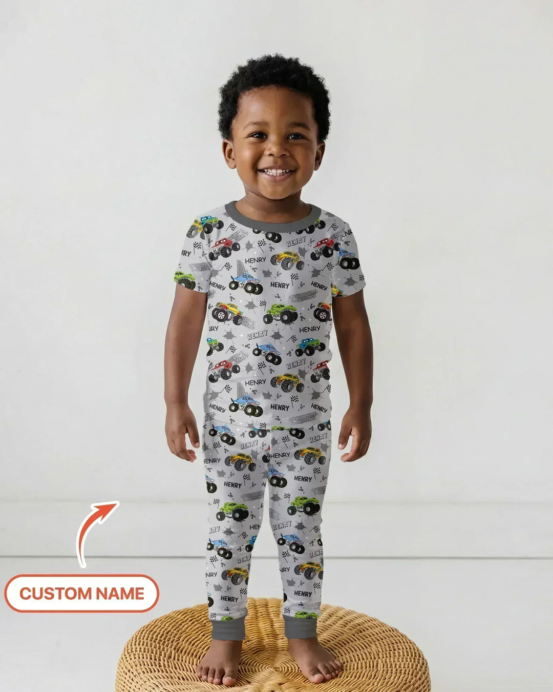 Monster Truck Dirt Jam Custom Name Daddy & Me Matching Bamboo Two Piece Short Sleeve Pajama Set