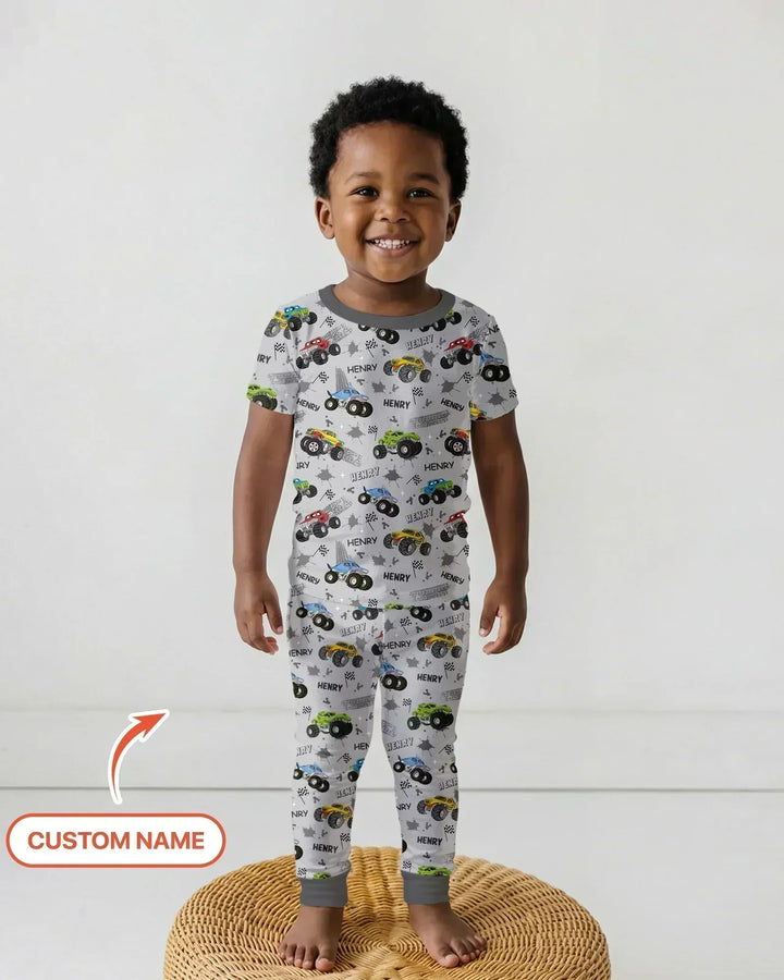 Monster Truck Dirt Jam Custom Name Daddy & Me Matching Bamboo Two Piece Short Sleeve Pajama Set