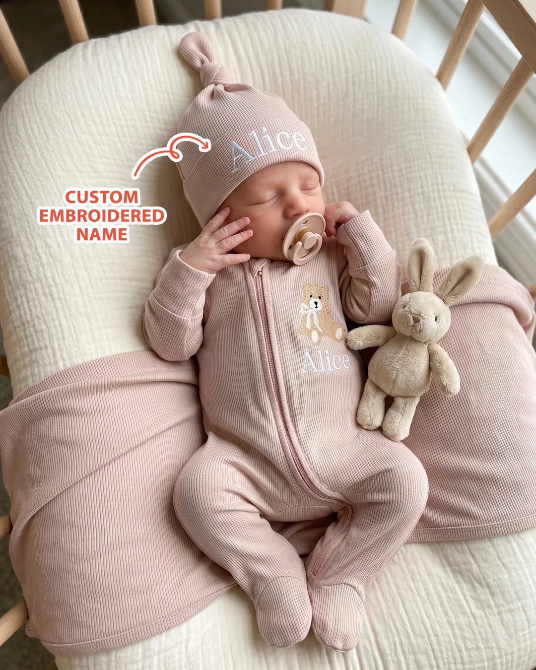 Personalized Teddy Bear Embroidered Ribbed Bamboo Welcome Home Bundle