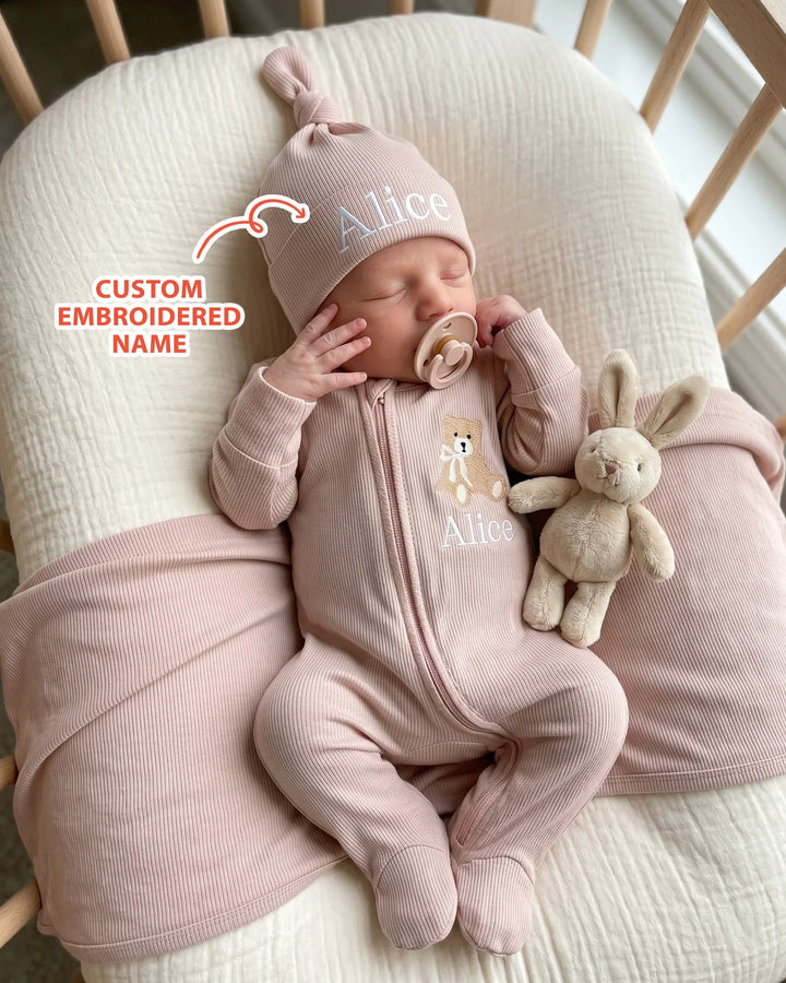 Personalized Teddy Bear Embroidered Ribbed Bamboo Welcome Home Bundle