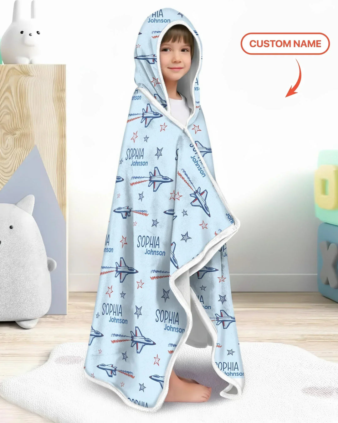 Patriotic American Flag Jet Fighter Bamboo Wearable Hooded Blanket