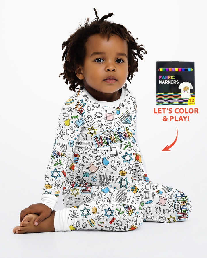 Happy Hanukkah Colorable Bamboo Two Piece Long Sleeve Pajama Set