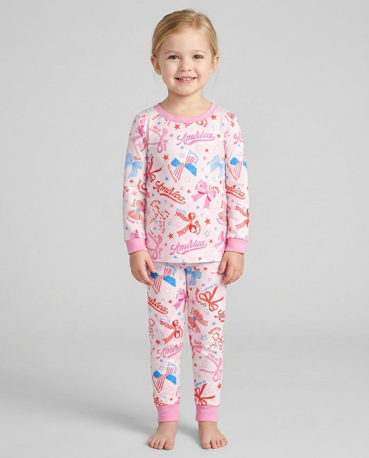 Pink Girly Patriotic Bamboo Two Piece Long Sleeve Pajama Set