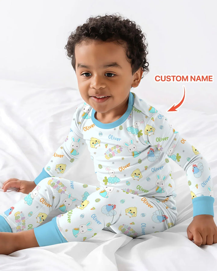 Custom name Happy Easter Bamboo Two Piece Long Sleeve Pajama Set