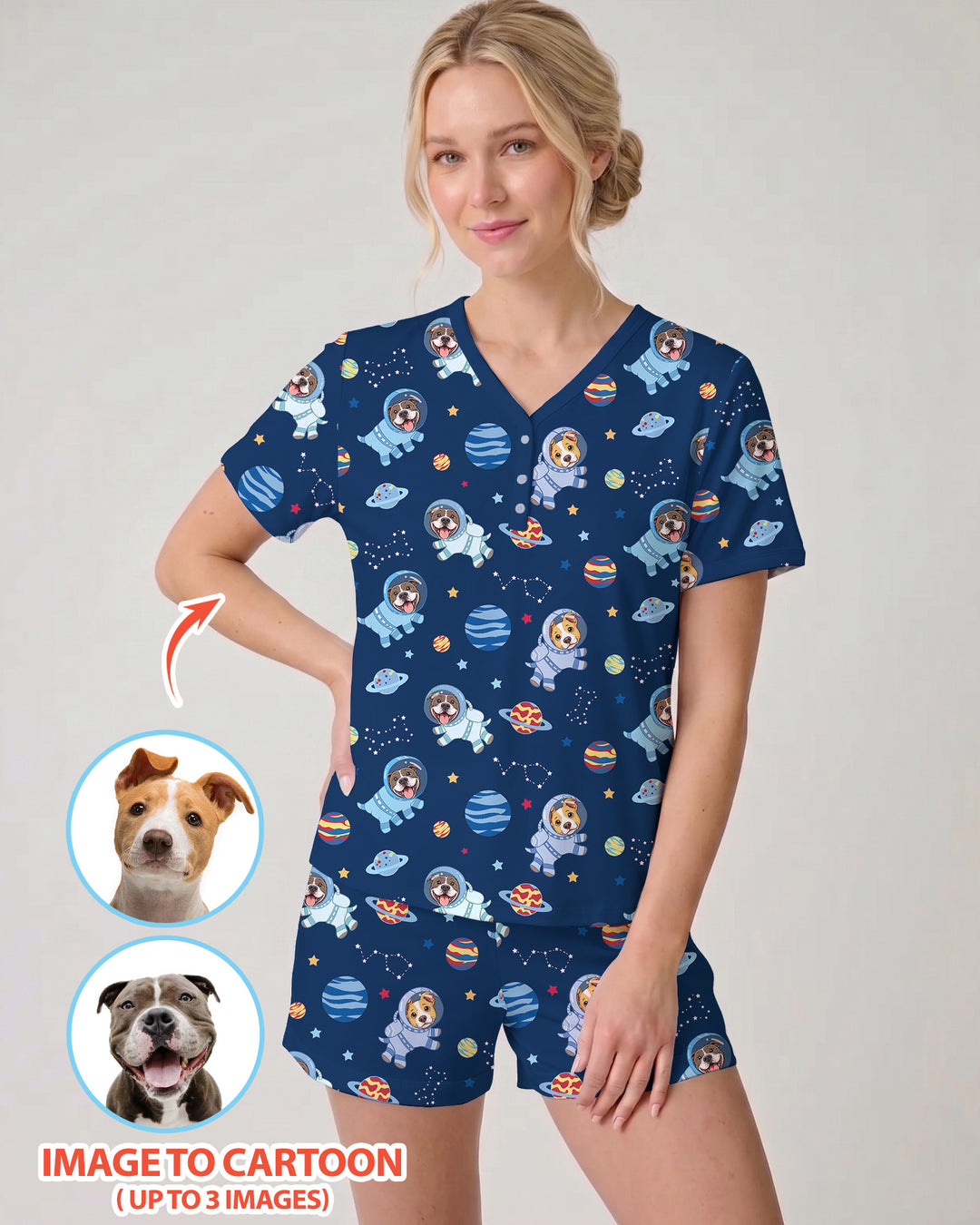 Astronaut Custom Pet Image Family Matching Bamboo Women Short Sleeve Short Pajama Set