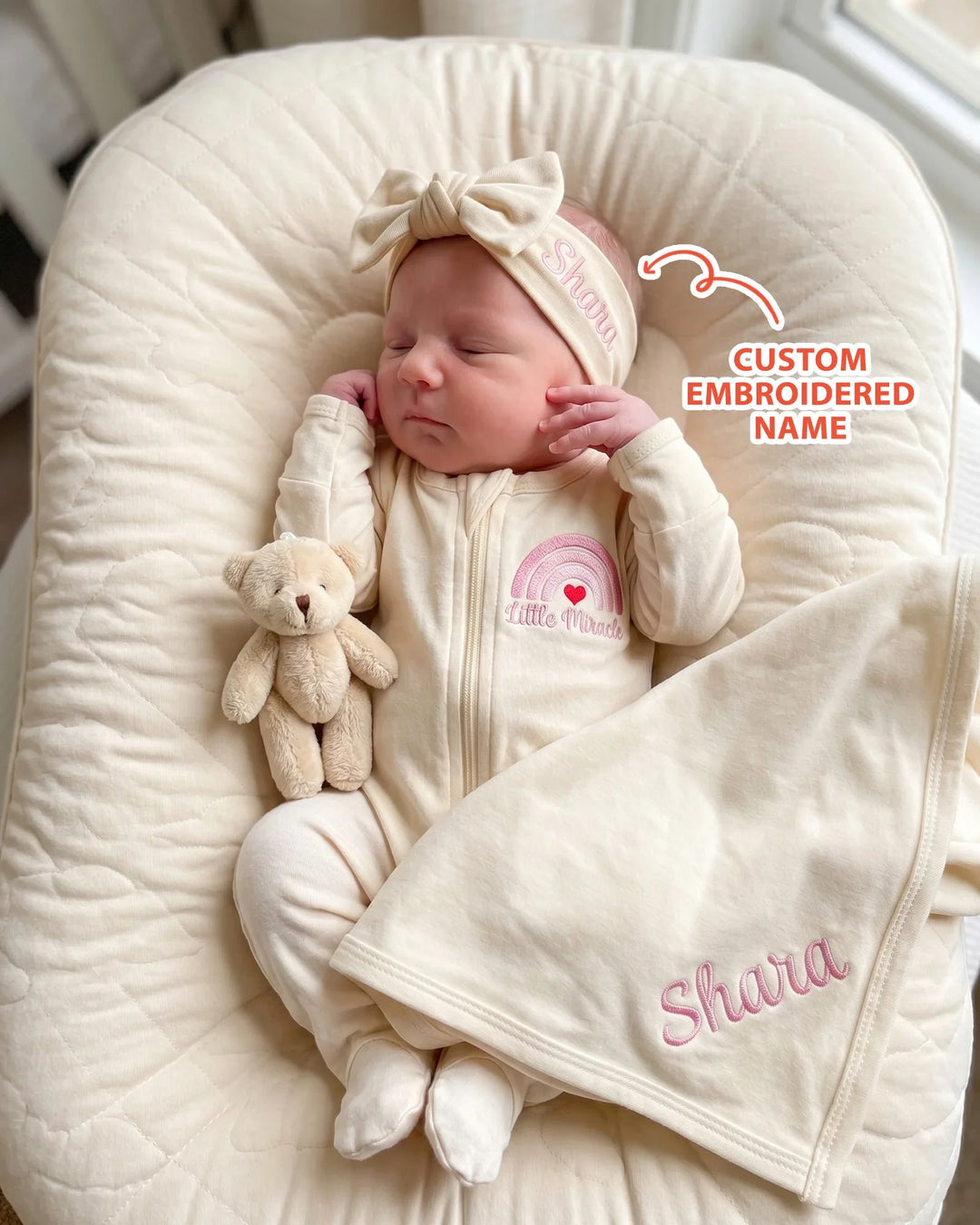 Personalized Little Miracle Pink Embroidered Bamboo Headband