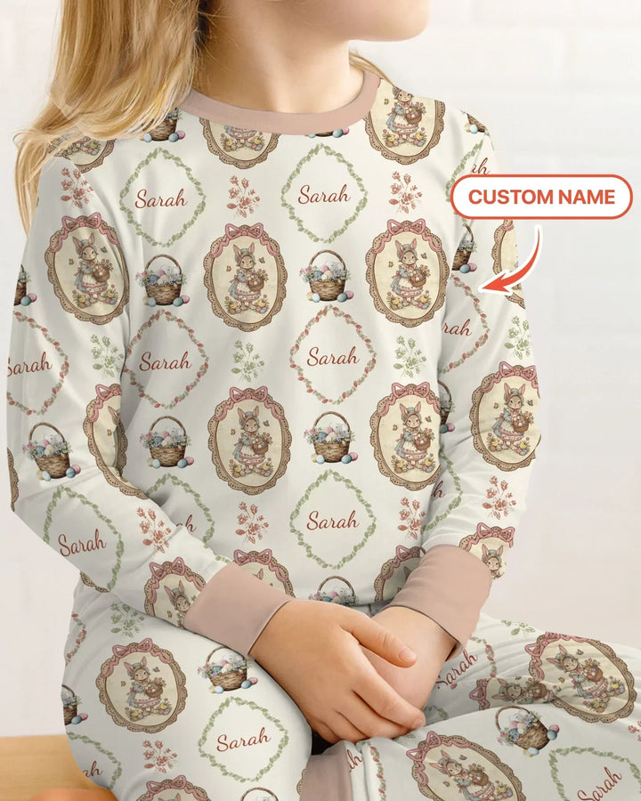 Vintage Bunny Easter Custom Name Mommy & Me Matching Bamboo Two Piece Long Sleeve Pajama Set