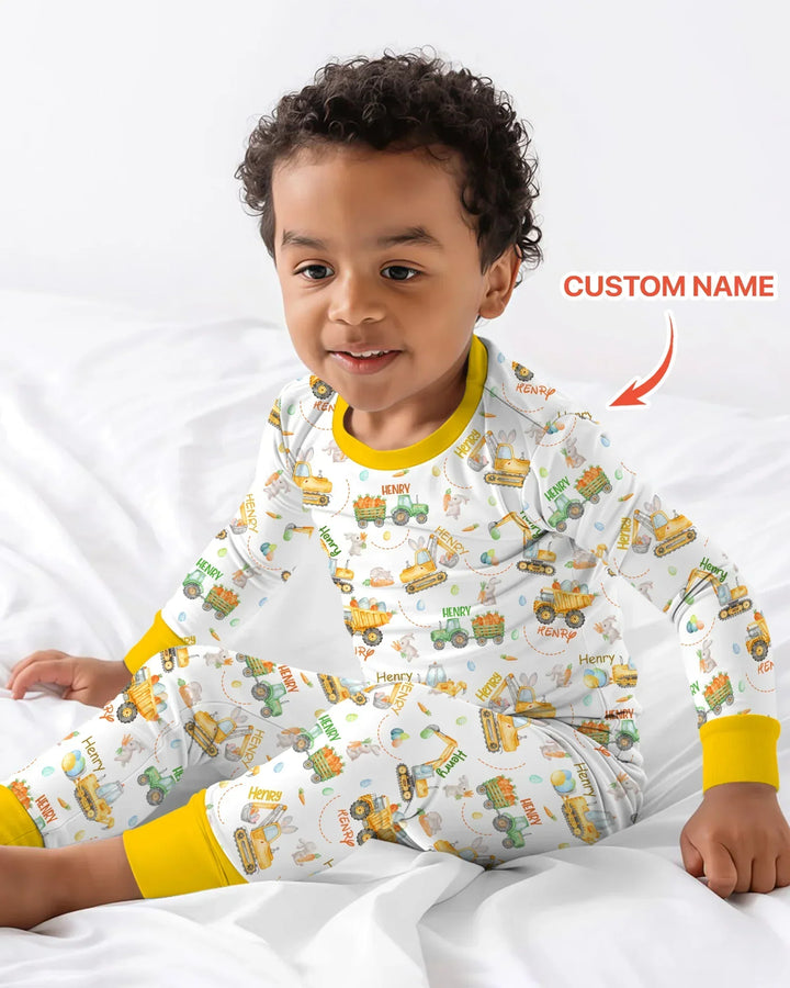 Easter Construction Vehicles Custom Name Bamboo Two Piece Long Sleeve Pajama Set