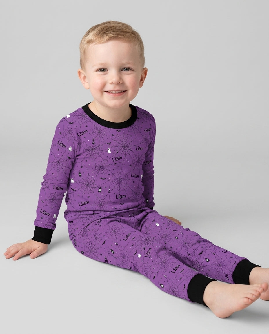 Spooky Spider Web Halloween Custom Name Bamboo Two Piece Long Sleeve Pajama Set