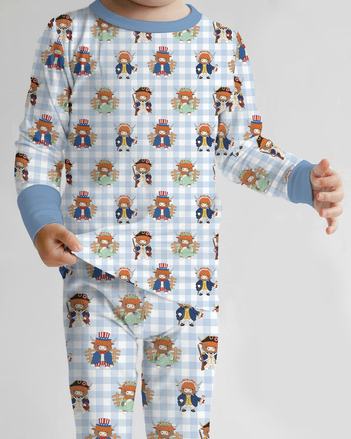 Patriotic 4th of July Highland Cow Bamboo Two Piece Long Sleeve Pajama Set