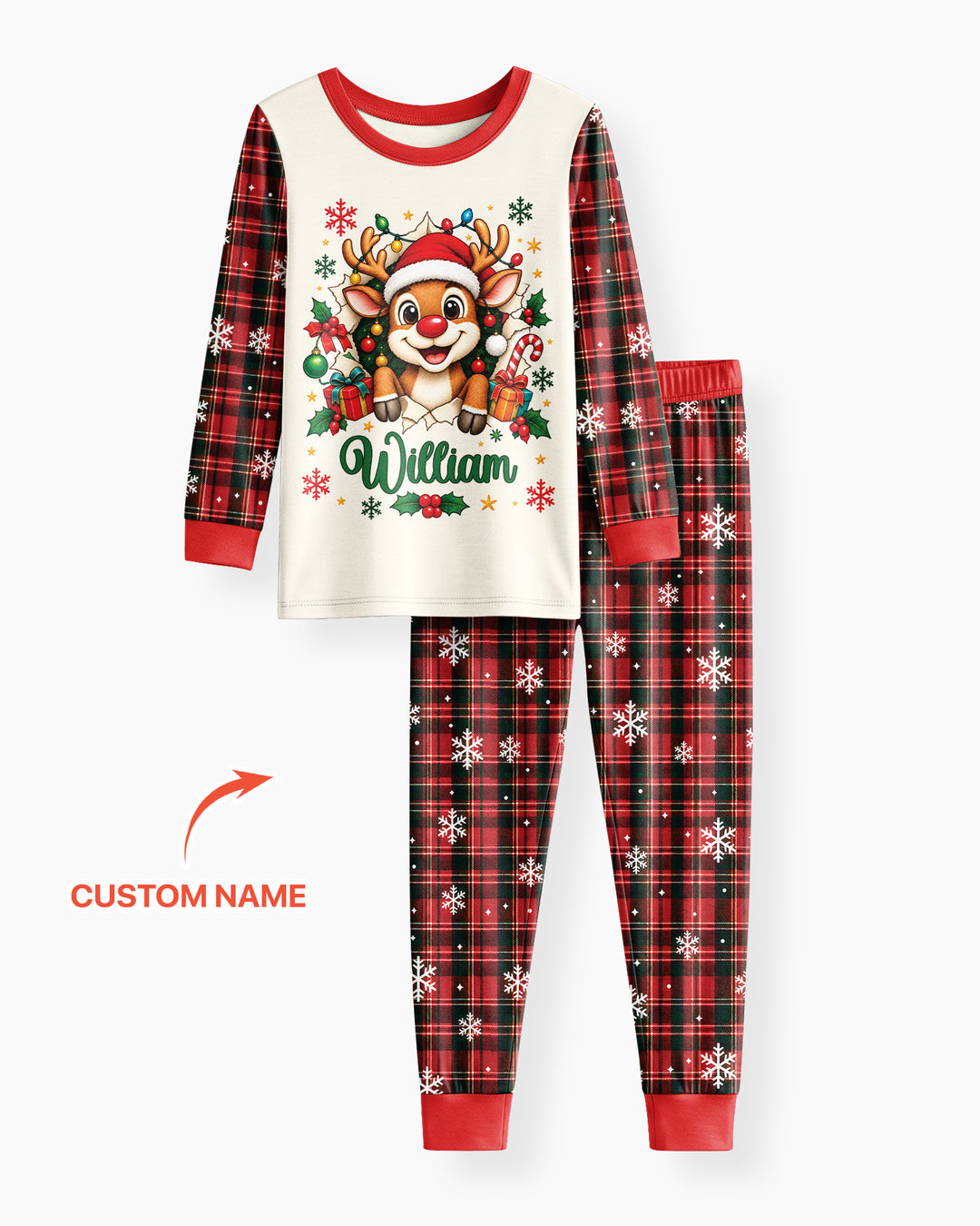Cute Reindeer in Santa Hat Bamboo Two Piece Long Sleeve Pajama Set