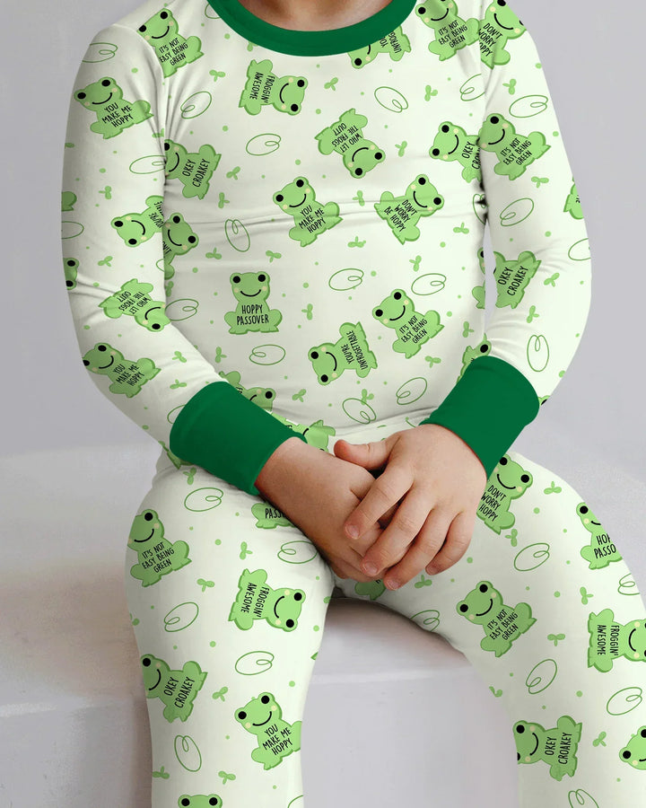 Marzipan Passover Conversation Frogs Bamboo Two Piece Long Sleeve Pajama Set