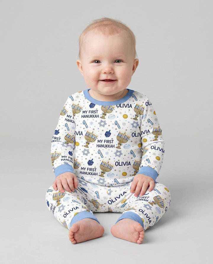 Custom Name Doodle Dreidel First Hanukkah Bamboo Two Piece Long Sleeve Pajama Set