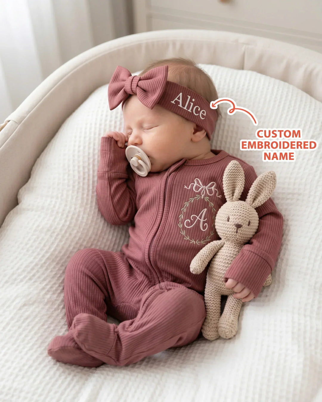 Custom Name Bow Wreath Embroidered Ribbed Bamboo Welcome Home Bundle