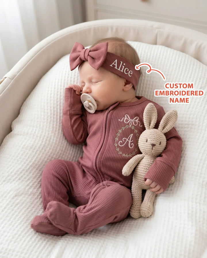 Custom Name Bow Wreath Embroidered Ribbed Bamboo Welcome Home Bundle