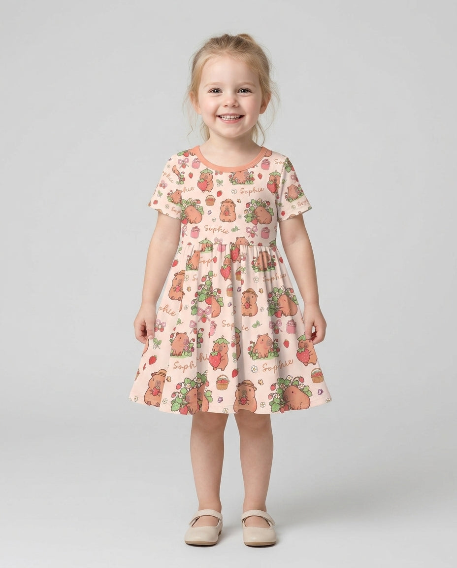 Custom Name Capybara Strawberry Bamboo Twirl Dress