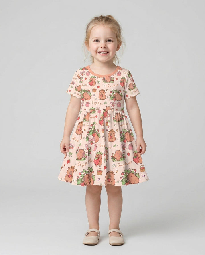 Custom Name Capybara Strawberry Bamboo Twirl Dress